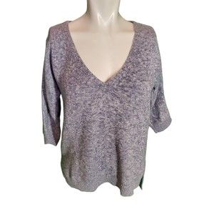 TSE Sweater Rib Knit V Neck 3/4 Sleeve Marled Blue Sz S